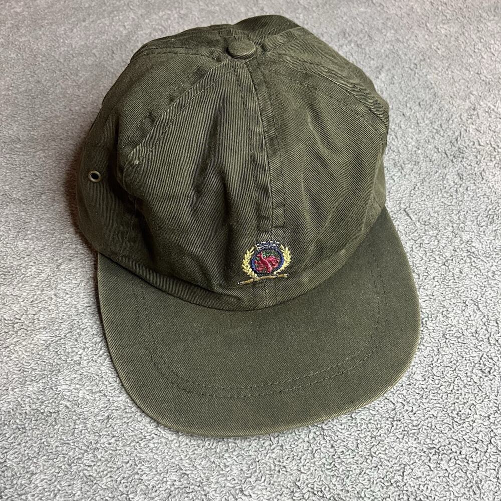 Vintage 90s Tommy Hilfiger Crest Leather Strapback Hat Green Made In USA Cap